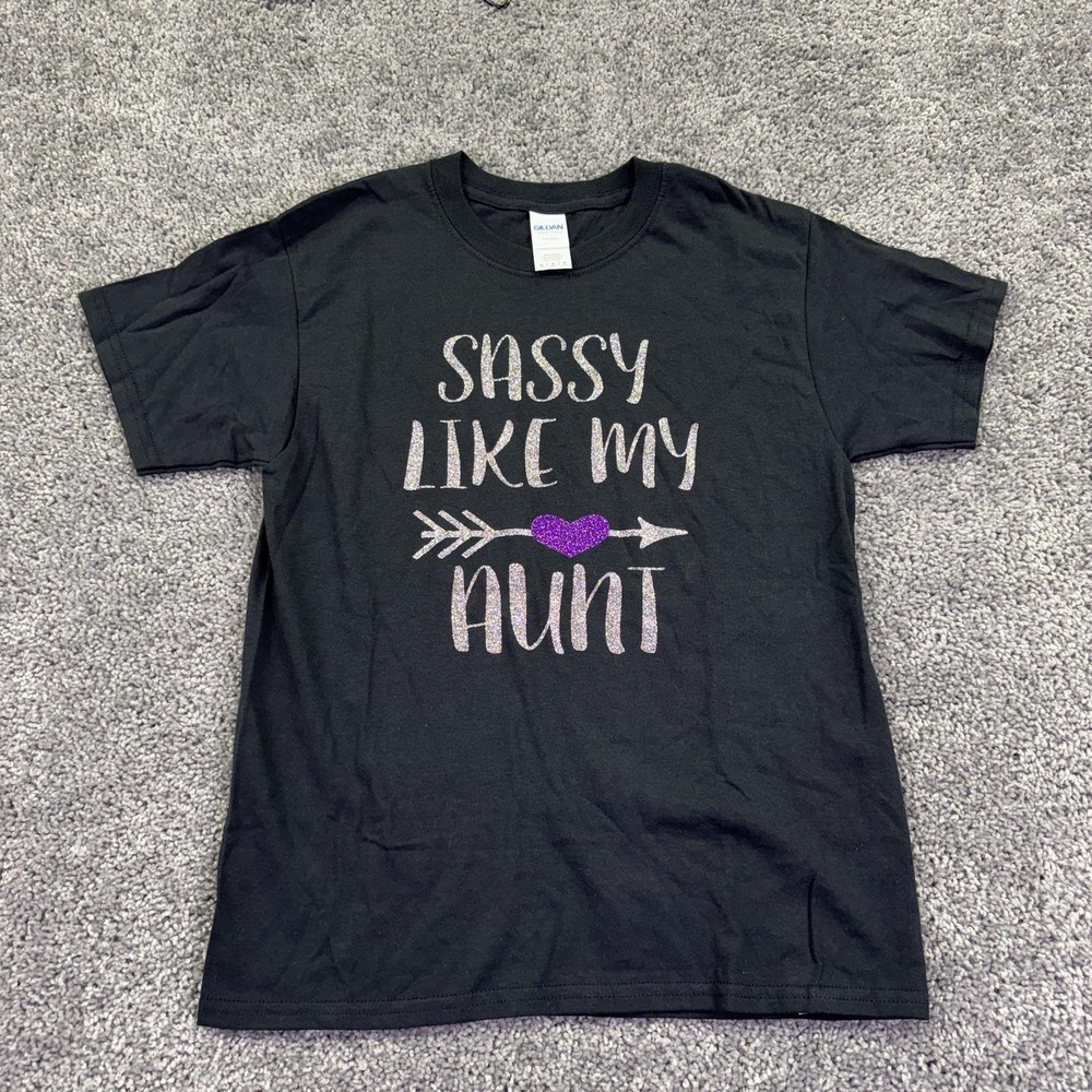 Gildan Shirt Kids M Black Sassy Like My Aunt Glitter Heart Graphic Tee